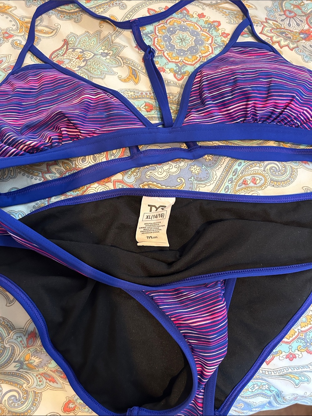 TYR Purple and Pink Striped Bikini Set with Blue Trim